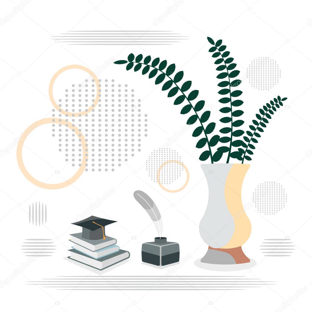 Vector illustration of a jug with a plant, inkwells with a pen and a book. Cap of a graduate student.