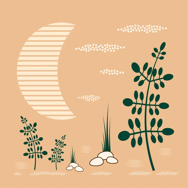 Ilustração Vetorial Com Folhas Plantas Fundo Lua Plantas Natureza — Vetor de Stock