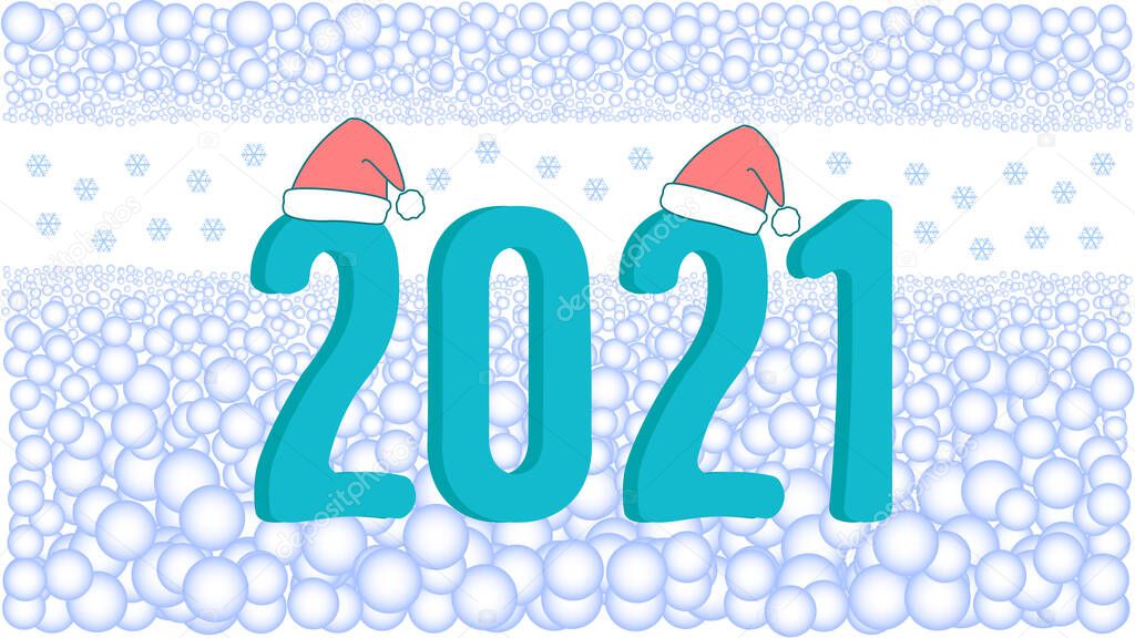  Vector illustration for the new year 2021. Banner, text of the 2021 postcard and snowflakes. Santa Claus, snow and holiday. Snowballs.