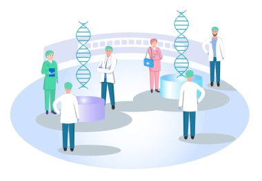 Bir tıp laboratuarı ve doktorların vektör çizimi.