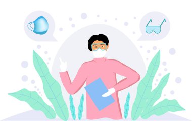 Vektör çizimi. COVID-19 koronavirüsüne karşı koruyucu giysi giyen bir doktor onların kullanımını teşvik ediyor..