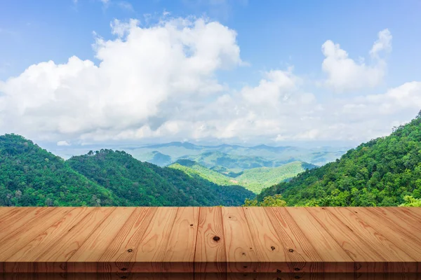 Parte Superior Vacía Vieja Mesa Madera Con Paisaje Fondo Natural — Foto de Stock