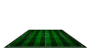 Beyaz zemin üzerine yeşil suni çim futbol sahası. Futbol Stadyumu.