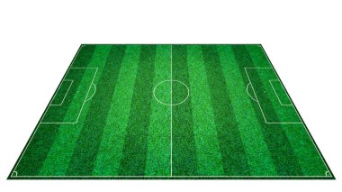 Beyaz zemin üzerine yeşil suni çim futbol sahası. Futbol Stadyumu.