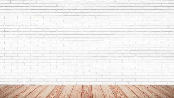 Piano vuoto di pavimento in legno con sfondo muro di mattoni bianchi . — Foto Stock