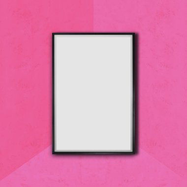 Pembe tuğla duvarda boş poster resim çerçevesi kadar Mock.