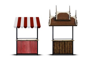 Wooden market stand on white.