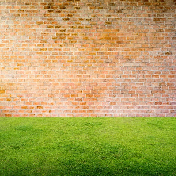 Vecchi mattoni muro con sfondo verde pavimento in erba . — Foto Stock
