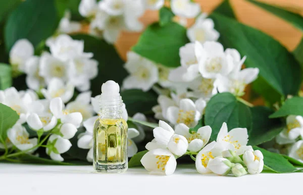 Kleine Glazen Fles Met Natuurlijke Jasmijn Roll Parfum Olie Blossom — Stockfoto