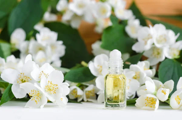 Small Glass Bottle Natural Jasmine Roll Perfume Oil Jasmine Blossom — Stock Photo, Image