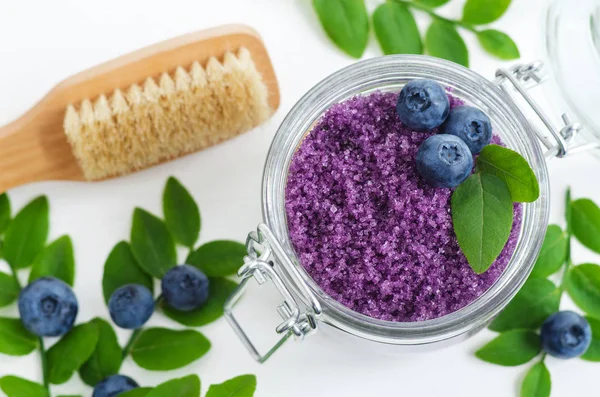 Cuci Gula Blueberry Buatan Sendiri Garam Mandi Rendam Kaki Dalam — Stok Foto