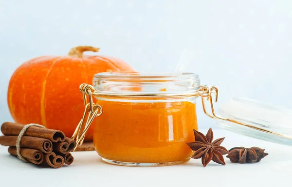 Homemade pumpkin spice puree/face mask. DIY cosmetics. Copy space.