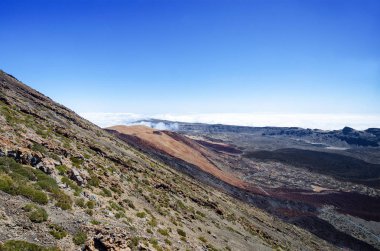 Teide Las Canadas Caldera volkanın havadan görünümü. Teide Milli Parkı manzara bulutların üstünde. Tenerife, Kanarya Adaları, İspanya. 