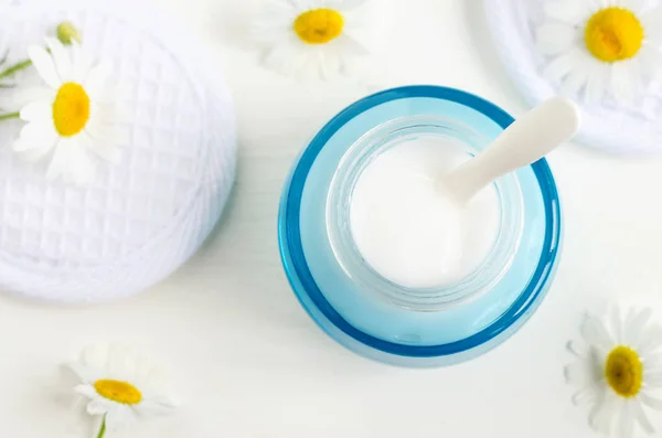 Ligh Blue Glass Jar White Facial Cream Mask Yogurt Beauty — Stock Photo, Image