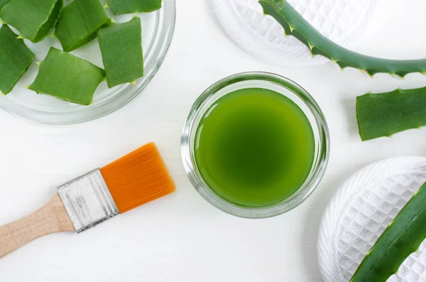 Mangkuk Kaca Kecil Dengan Jus Buaya Aloe Dan Kuas Kosmetik — Stok Foto