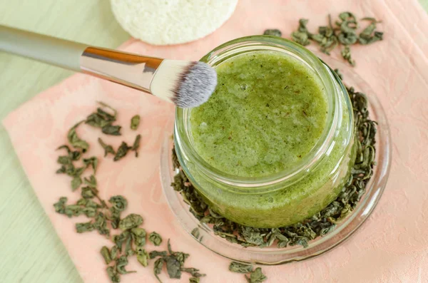 Homemade Natural Mask Scrub Sea Salt Olive Oil Green Tea — Stock Photo, Image