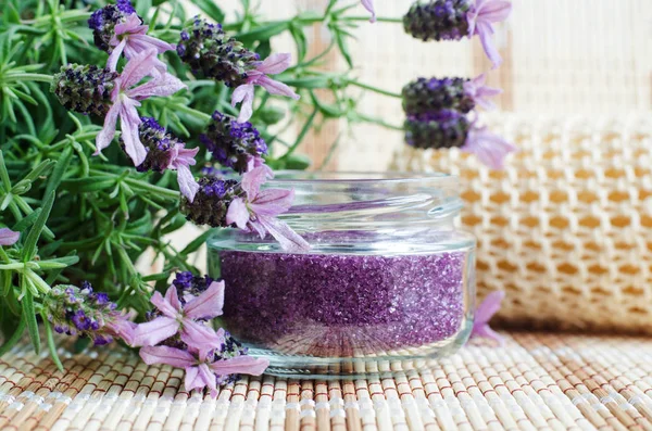 Hemlagad lila exfolierande Scrub (fot blöt eller badsalt) med eterisk lavendelolja. Toppad lavendel blommor närbild. Naturlig hud och hårvård. DIY skönhetsbehandlingar, Spa recept. Kopiera utrymme. — Stockfoto