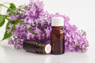 İki küçük şişe yağ (tentür, infüzyon, parfüm) ve leylak çiçekleri. Aromaterapi, spa ve bitkisel ilaçlar.. 