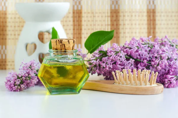 Vintage Bottle Cork Essential Oil Tincture Infusion Perfume Lilac Flowers — Stock Photo, Image