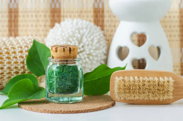 Small Vintage Glass Bottle Green Bath Salts Epsom Salt Foot — Stock Photo, Image