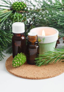 İçinde çam yağı ve yanan mum bulunan küçük cam şişeler. Çam dalları ve yeşil koni yakın çekim. Aromaterapi, spa ve bitkisel ilaç malzemeleri. Boşluğu kopyala. 