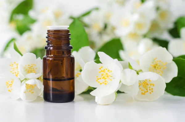 Small Glass Bottle Essential Jasmine Oil Tincture Infusion Perfume White — Stock Photo, Image