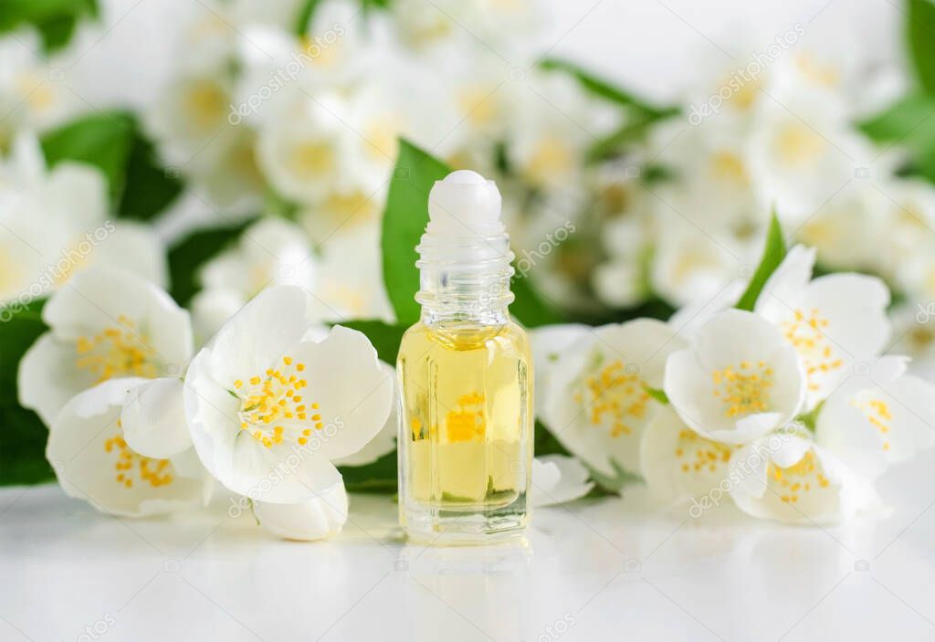 Small glass roll-on bottle with essential jasmine oil (tincture, infusion, perfume) on the white background. Jasmine flowers close up. Aromatherapy, spa and herbal medicine ingredients. Copy space. 