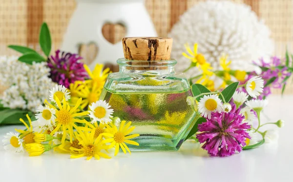 Kleine Weinflasche Mit Ätherischem Kräutertinktur Extrakt Aufguss Und Wildblumen Aromatherapie — Stockfoto