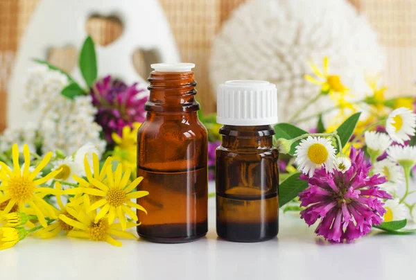 Two Small Glass Bottles Essential Oil Herbal Tincture Extract Infusion — Stock Photo, Image