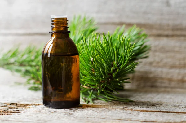 Pharmacy Bottle Essential Pine Oil Extract Tincture Infusion Old Wooden — Stock Photo, Image