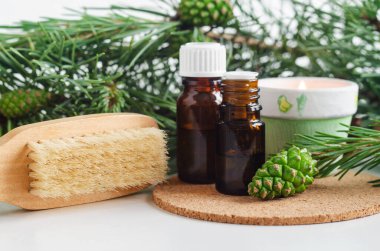 Temel çam yağı, çam dalları, yeşil koni ve masaj vücut fırçası olan küçük cam şişeler. Aromaterapi, sauna, spa ve bitkisel ilaç malzemeleri. Boşluğu kopyala. 