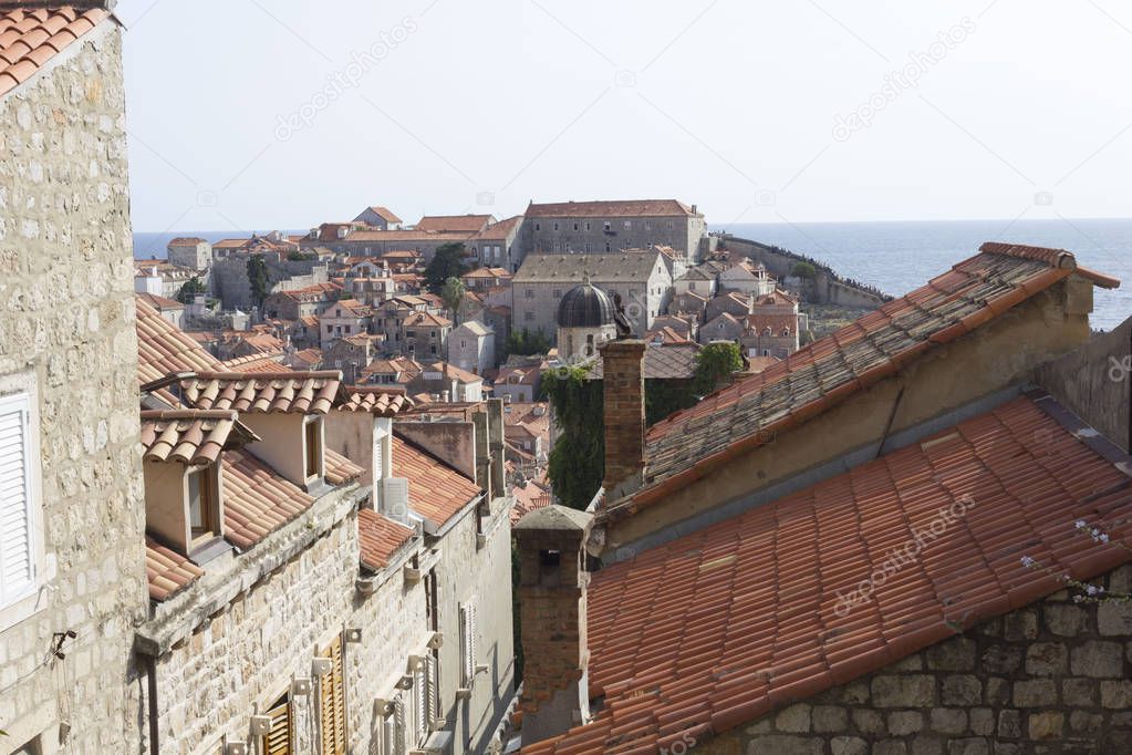 DUBROVNIK, CROATIA - AUGUST 22 2017: view from the top of the ancient city of Dubrovnik