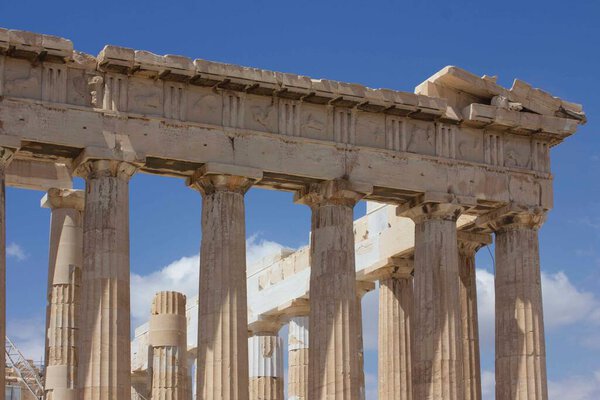 ATHENS, GREECE - AUGUST 13 2016: Architectural detail of the Parthenon and the skyin Athens Acropolis
