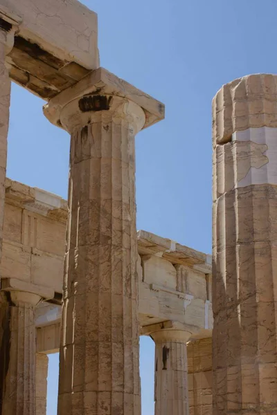 Athens Greece August 2016 Arcitectural Detail Sky Propylea Columns Ruins — Zdjęcie stockowe