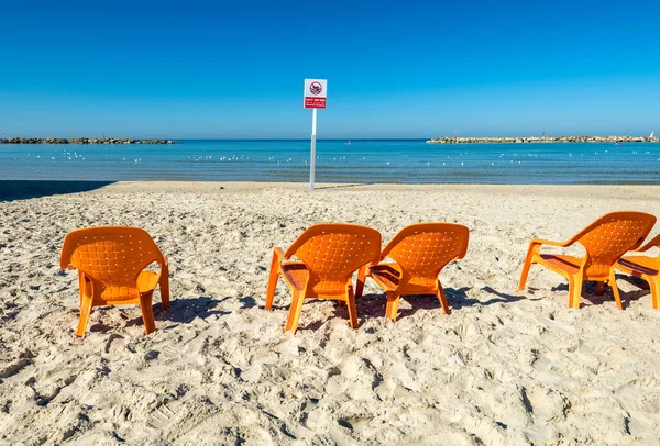 Beach Chairs Umbrellas Sandy Coast Mediterranean Sea North Israel — Stock Photo, Image