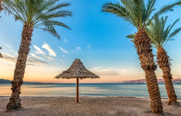 Ferienanlage Mit Meer Und Sandstrand Mit Palmen Sonnenschirm — Stockfoto