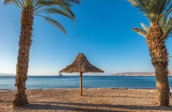 Yazlık tatil köyü, deniz ve kumlu sahil, palmiye ağaçları, şemsiye 