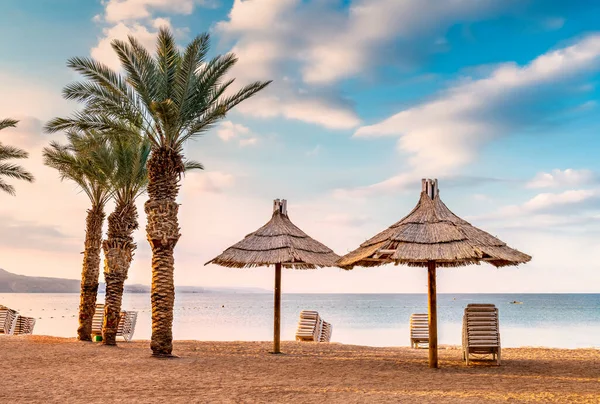 Yaz Tatilinde Deniz Kumlu Plajlarda Palmiye Ağaçları Şemsiyeler — Stok fotoğraf