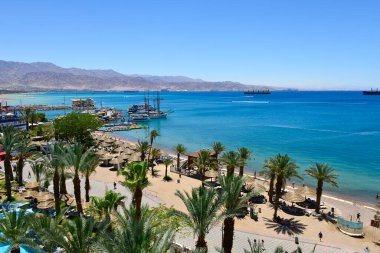 Yazın deniz tatil köyü, Palmiyeler ve otel mimarisi ile kıyı şeridi 