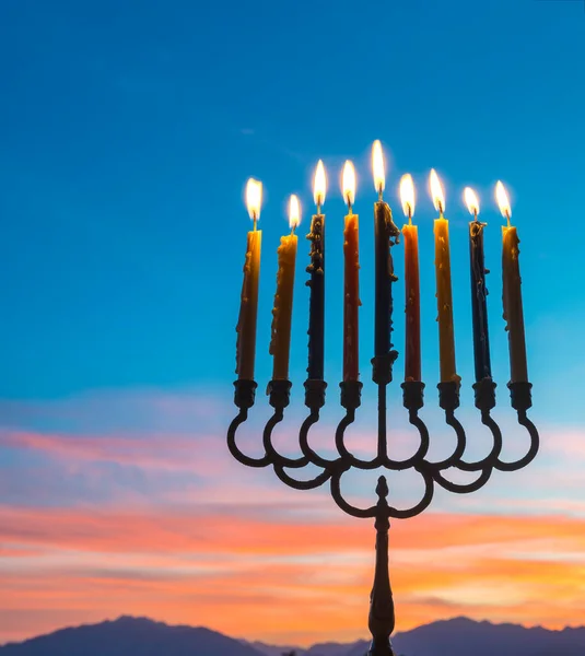 Feestelijke Compositie Voor Chanoeka Vakantie Met Menorah Brandende Kaarsen Lantaarn — Stockfoto