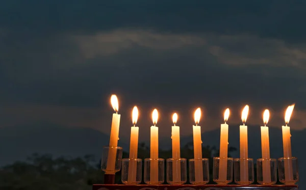 Festive Composition Hanukkah Burning Menorah Candles Light Lantern Night — Stock Photo, Image