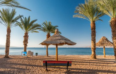 Akdeniz 'in kumlu sahillerinde şemsiyeleri ve sandalyeleri olan güzel tropik plajlar.
