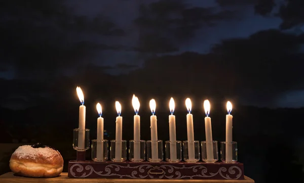 Festive Composition Hanukkah Menorah Burning Candles Lantern Sweet Donuts Dark — Stock Photo, Image