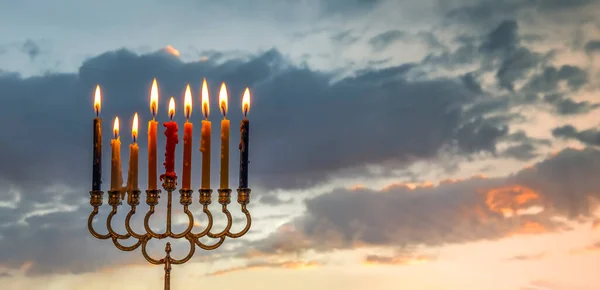 Festive Composition Hanukkah Candle Lantern Evening Background Cloudy Morning Sky — Stock Photo, Image
