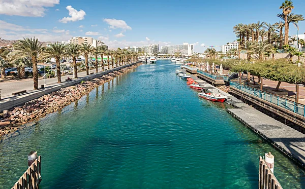 Eilat Ana Marinasına Giriş Kanal Güzel Kumlu Plajları Sıcak Güneşi — Stok fotoğraf