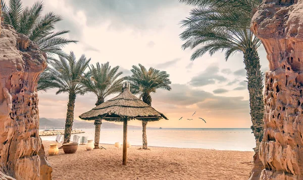 Ferienanlage Mit Meer Und Sandstrand Und Sonnenschirm Palmen — Stockfoto