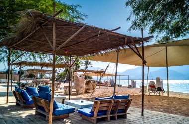 Tüm aile için güneşli plaj, Kızıl Deniz 'de kumlu plaj, Orta Doğu