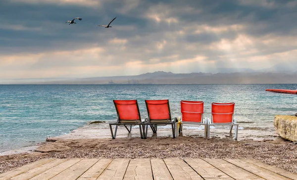 Vista Manhã Sobre Mar Vermelho Uma Praia Pública Eilat Famosa — Fotografia de Stock