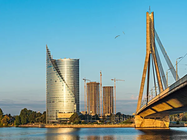 Kabelbrug Moderne Gebouwen Europese Stad — Stockfoto