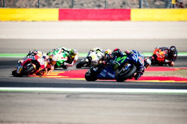 24 Eylül 2017 Aragon Alcaniz, İspanya Aragon MotoGP Pazar yarış günü Movistar Yamaha Motogp Takımı 'ndan Maverick Vinales yarışı önde götürüyor.